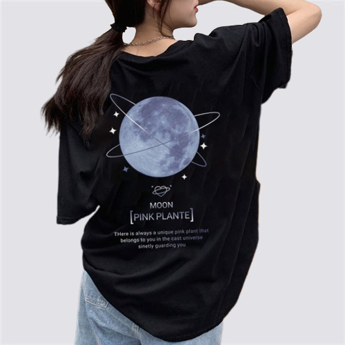 XiaoZhaiNv Kaos Atasan Oversize Wanita Planet Biru Pattern Lengan Pendek A0234