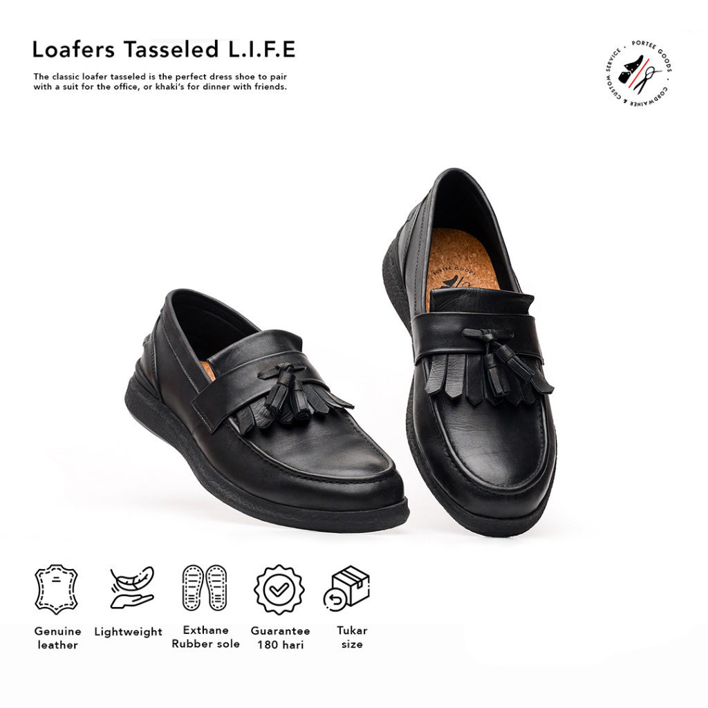 Portee Goods Sepatu Kulit Pantofel Pria Loafers Tasseled Life Hitam