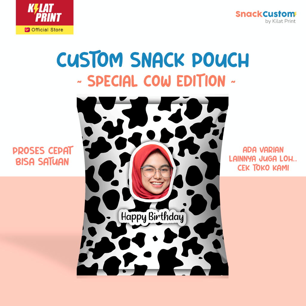 Snack Custom Foto Teks Bungkus Pouch Jumbo Special Cow Edition