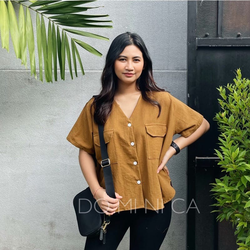 324 Diana TOP kancing / Kemeja pendek kerah V katun linen premium - Sandra Blouse Oversize Korean Style / Diana Top Kemeja Wanita Lengan Pendek Jumbo XL Outfit Kuliah / Caca Blouse