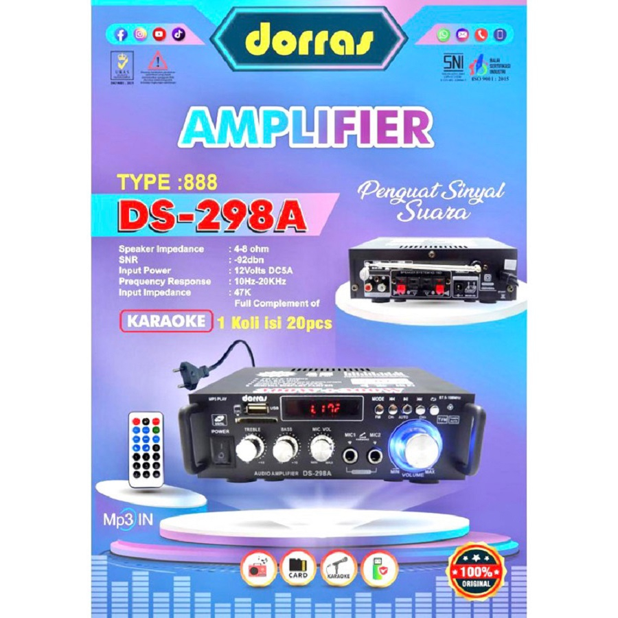 Power Amplifier Ampli Bluetooth Dorras DS-298A DS 298 A Stereo Audio Ac Dc Usb Fm Mp3