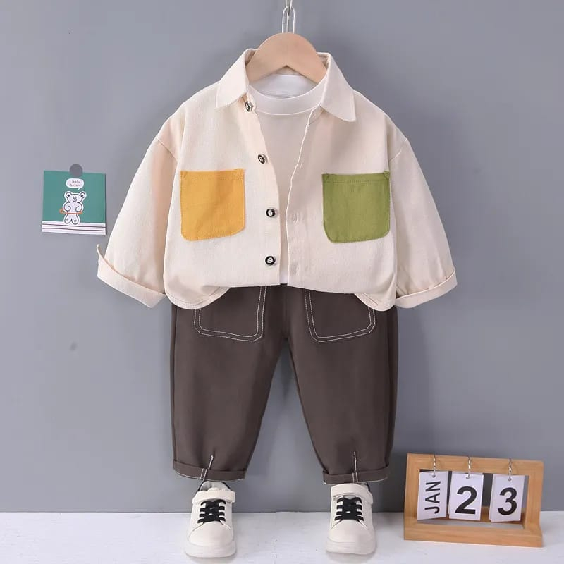 SETELAN BAJU ANAK laki-laki 6 bulan- 5 tahun motif pocket cream / pakaian baby boy keren