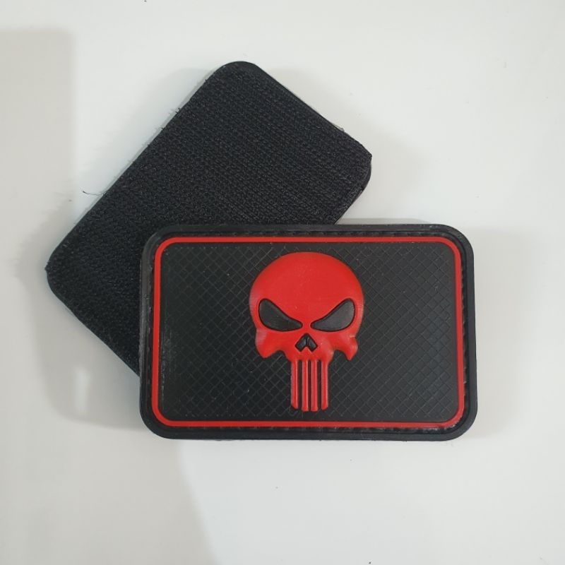 patch rubber logo tengkorak funiser 3D kotak merah / tempelan emblem karet velcro