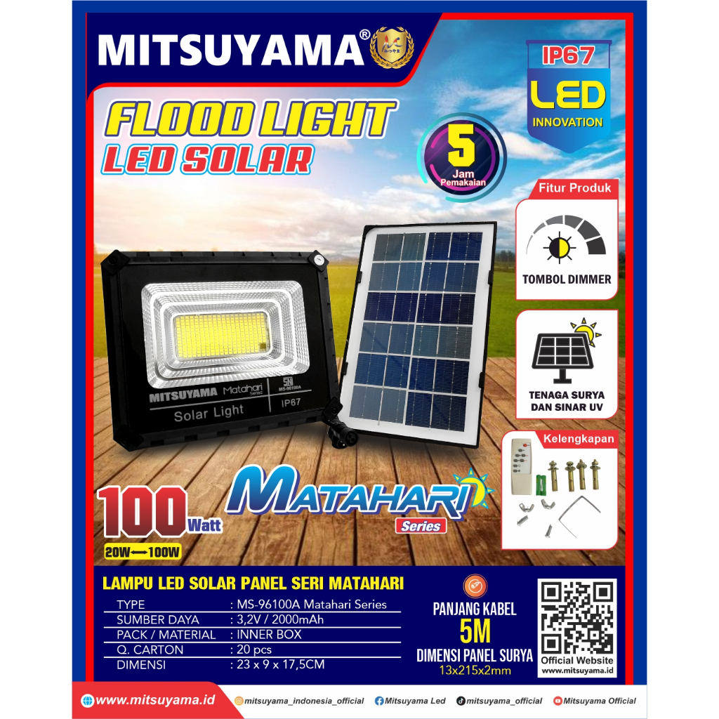 MITSUYAMA MS-96100A SERI MATAHARI LAMPU SOROT SOLAR CELL LED TENAGA SURYA LAMPU TENAGA MATAHARI LAMPU SOROT 100W Outdoor | FMS