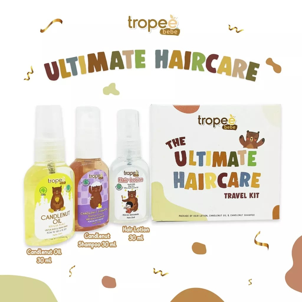 Tropee Bebe - Ultimate Hair Care Travel Kit 30ML /perawatan rambut bayi/anak /travel kit/paket lengkap perawatan rambut anak bayi travel / paket lengkap/candlenut shampoo kemiri/ candlenut minyak kemiri/ hair lotion aloe vera/original