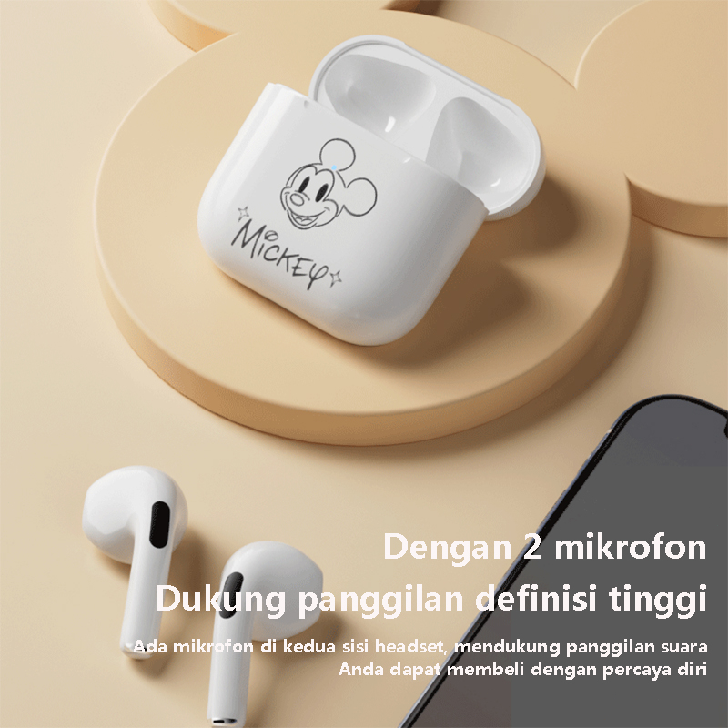 Disney TWS Headset Bluetooth 5.3 Earphone iPhone Android 100% Ori Mini Wireless Pro4 HIFI Musik Dengan Mikrofon