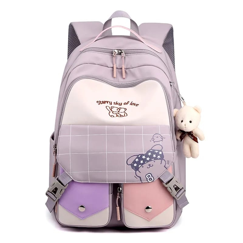 PTM-NEW tas sekolah anak perempuan motif kotak2 bear-backpack fashion style korea-ransel anak sekolah SD SMP SMA