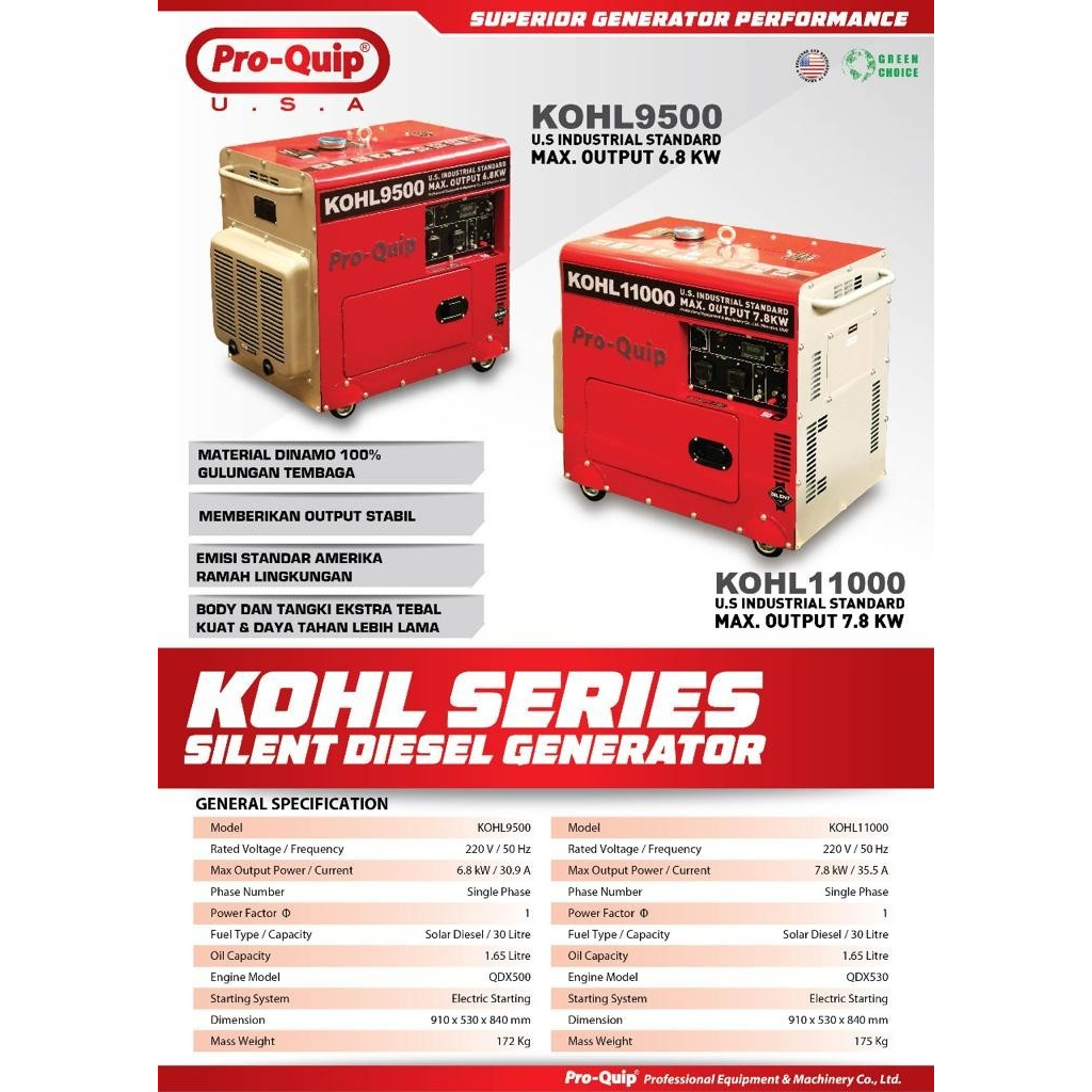 Genset Proquip Silent Diesel 7000 Watt KOHL 9500