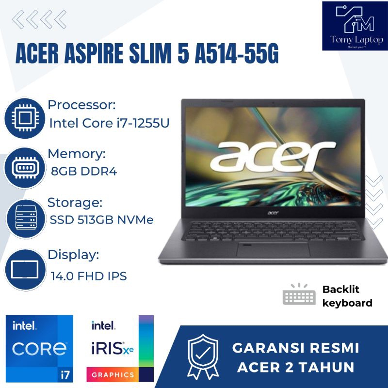 LAPTOP BARU ACER ASPIRE SLIM 5 A514-55G/CORE I7/RAM 8GB/SSD 512GB