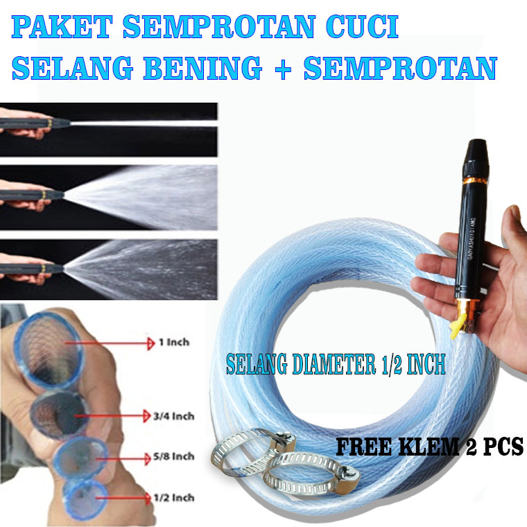 Selang Air Benang 1/2 Inch Hijau Paket Semprotan Air Lurus Hitam / Semprotan Cuci Motor