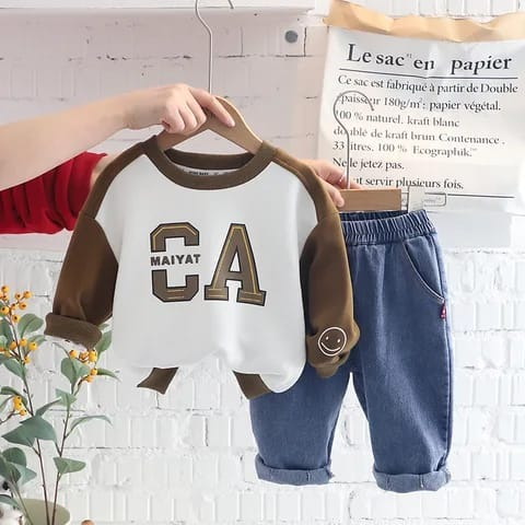 Setelan lengan panjang anak laki-laki MOTIF huruf CA warna putih coklat usia 6 bulan - 5 tahun ala korea import / baju bayi premium