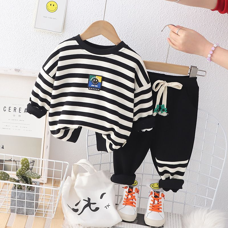 Setelan lengan panjang anak laki-laki MOTIF SALUR HITAM PUTIH SMILE usia 6 bulan-5 tahun premium import / baju anak ala korea