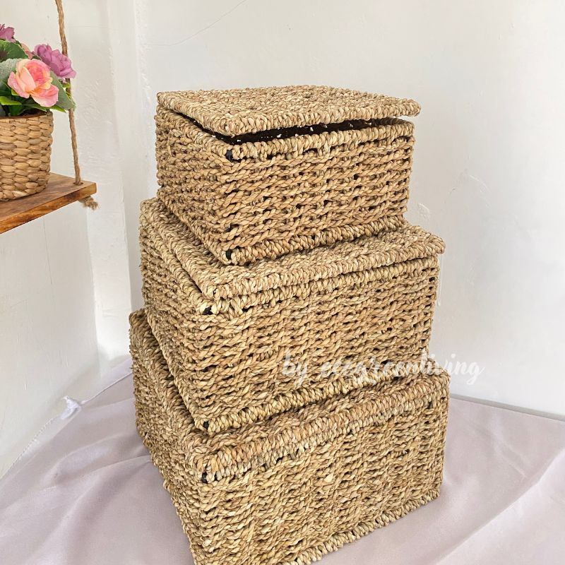 Hampers Square Seagrass Cover Flip / Kotak Hampers / Box Hantaran / Penyimpanan Anyaman Seagrass