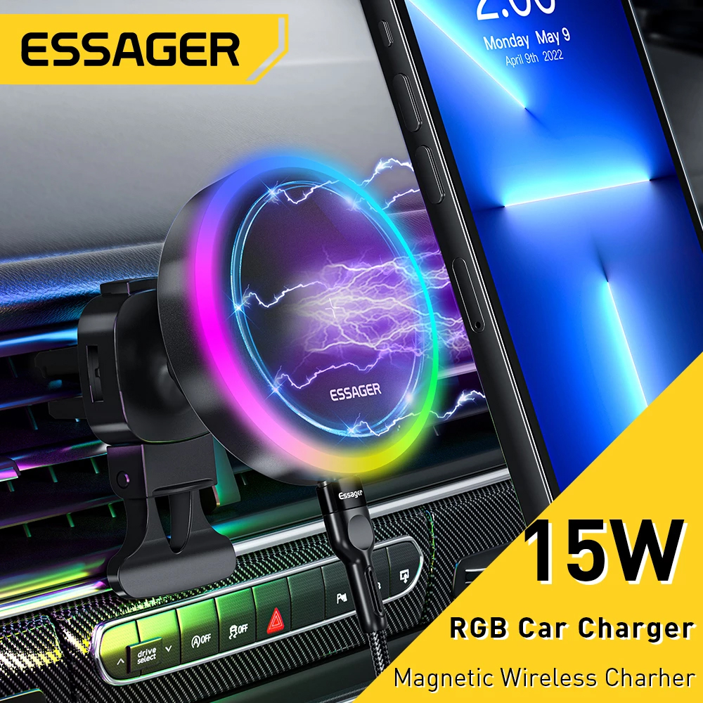 Essager Phone Holder Car Wireless Charger Magnetic Colorful Light 15W - ACPH004 - Black