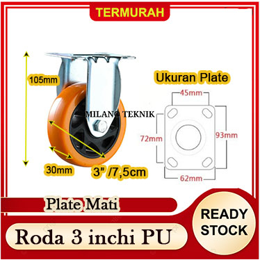 Roda 3 inch PU TAIWAN+Double Bearing Tetap/Hidup/Putar+Rem/Troli/Caster/Etalase/pc