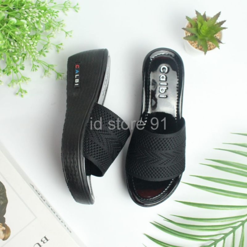 Sandal Wedges Slop Wanita Rajut Import