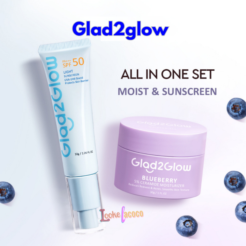 Glad2Glow 5% Blueberry Moisturizer Cream - Sunscreen dan Centella Refresing Gel - Pelembab Wajah Kem