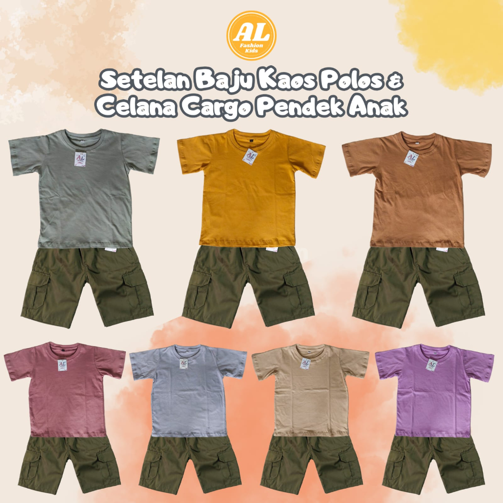 Al Fashion - Setelan Baju Kaos Polos & Celana Kargo Pendek Anak Usia 1 - 12 Tahun - Celana Kargo HIJ