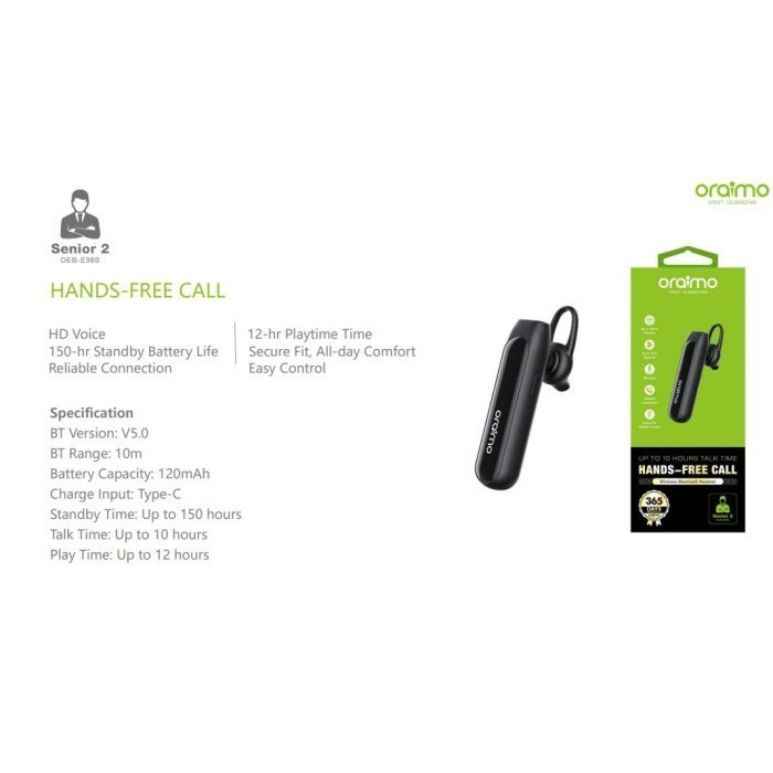 Oraimo Senior 2 Talking Bluetooth Headset Wireless Earphone Handsfree Clear Sound OEB E38S