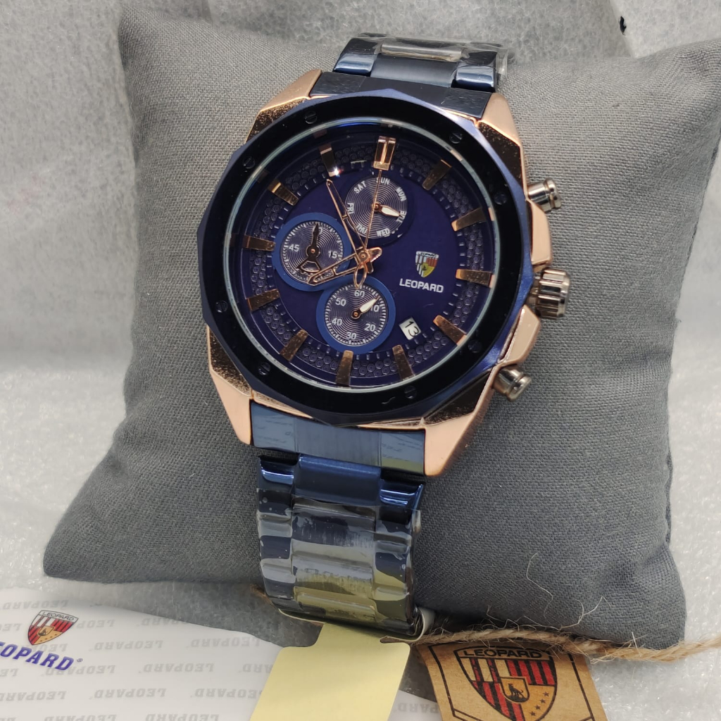 COD Jam Tangan Pria Leopard-8802 Original Tali Rantai Stainless Body Bulat Chrono Tanggal Aktif Box 