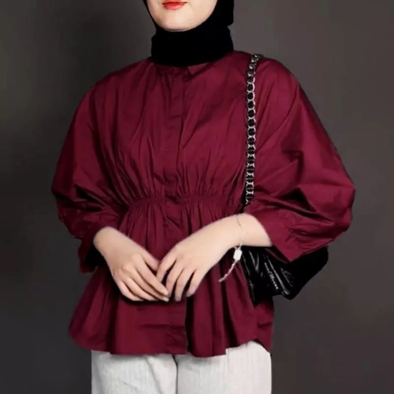 Atasan Kemeja Wanita Oversize Bahan Linen Premium Serut Depaan Karet