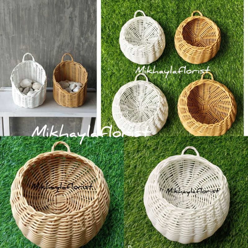 Vas rotan sintetis // vas tempel rotan bulat // pot dinding rotan