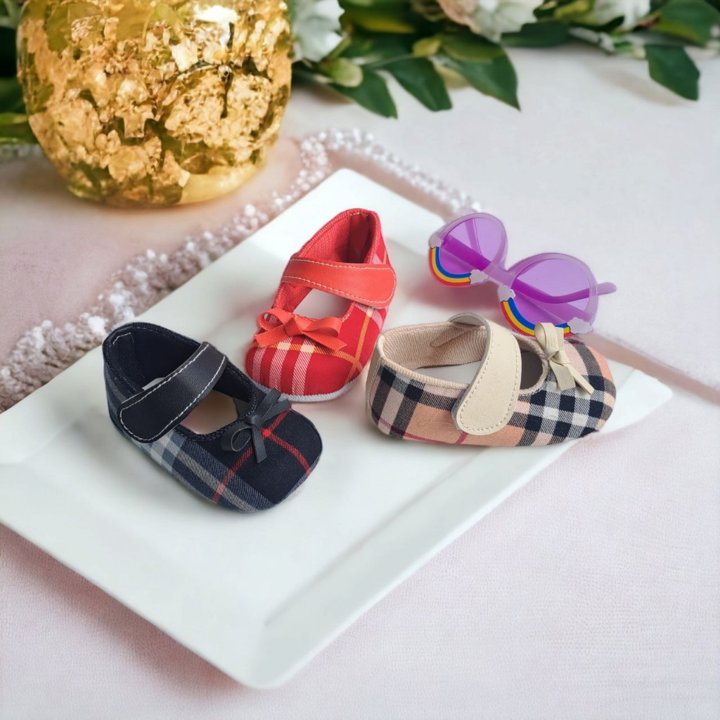 Sepatu Bayi Perempuan 0 6 Bulan Prewalker Balet Pita Kotak Kotak Baby Shoes