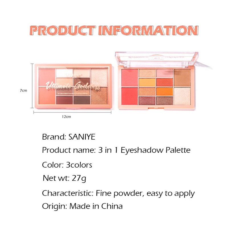 【Official Outlet】SANIYE Ultimate Goddess Eyeshadow Pallette E225 12 Warna Eyeshadow Multifungsi 4 In 1 Contour Blusher Highlight Eye Shadow Makeup Kosmetik Wajah Viral BPOM