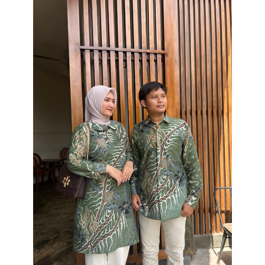 Batik Couple Pria dan Wanita Set Pasangan Slimfit Motif Keshwari Olive Green