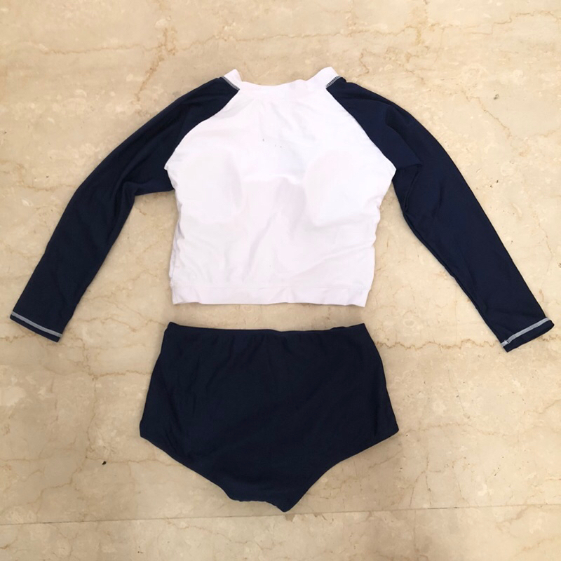 [OBRAL RIJEK] Pakaian Renang Wanita Swimsuit Long Sleeve High Waist Size L - White/Blue