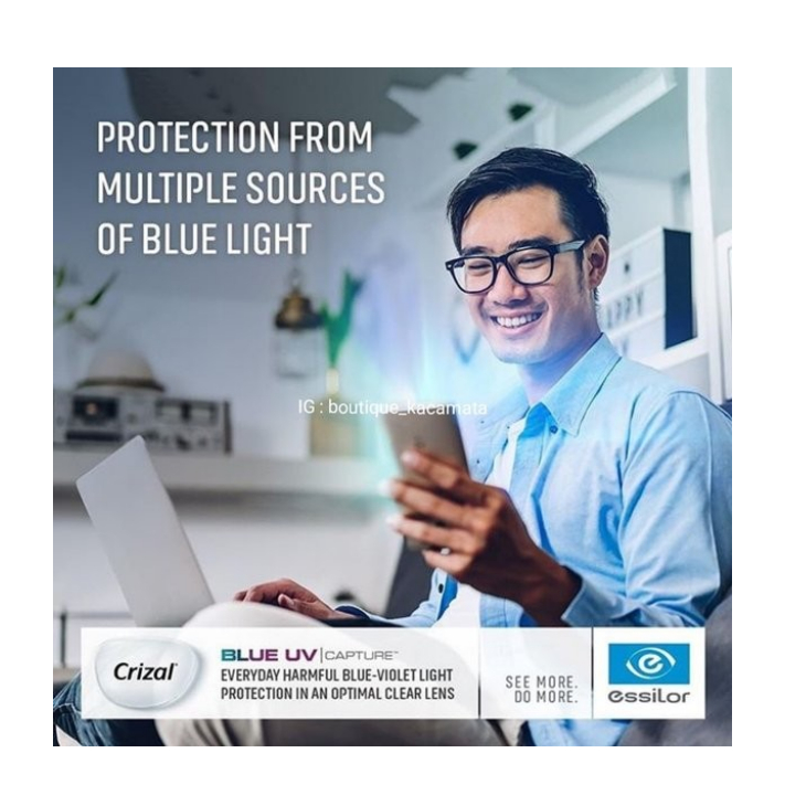 Lensa Kacamata Minus/Silinder Essilor Blue UV Capture Crizal Sapphire index 1.67 (Anti Sinar Biru Ko