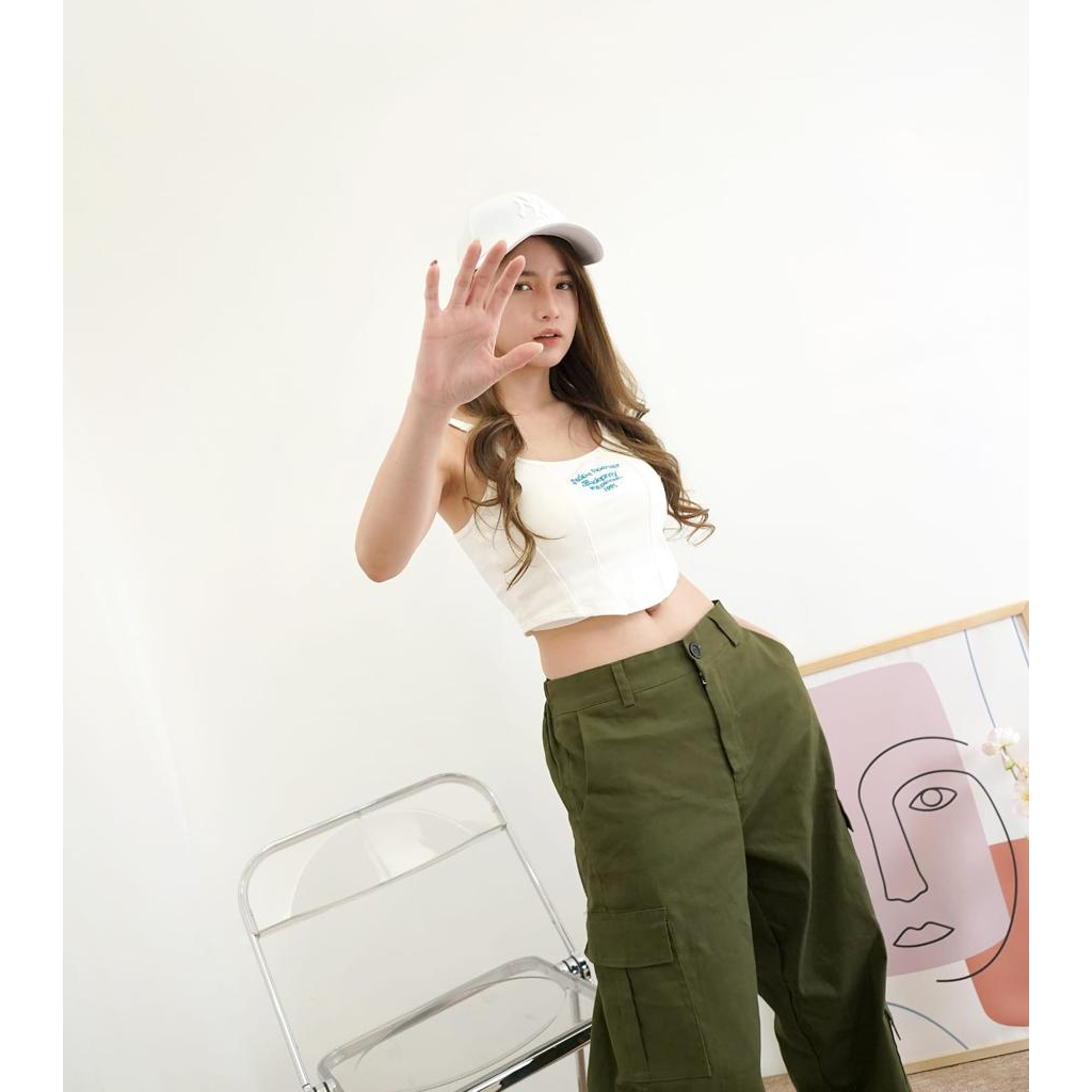 Celana Cargo Wanita bahan Katun | Celana Kargo Highwaist Loose Zaniya HOPYLOVY