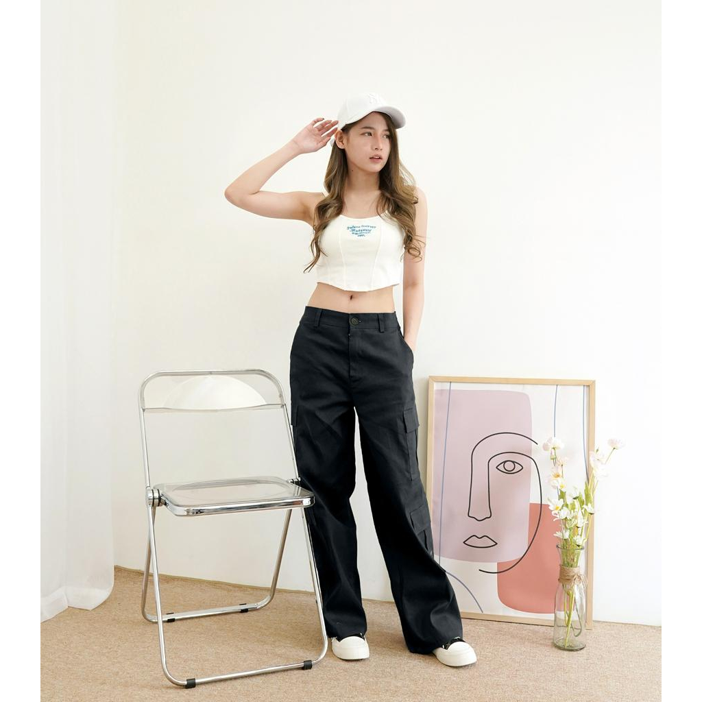 Celana Cargo Wanita bahan Katun | Celana Kargo Highwaist Loose Zaniya HOPYLOVY