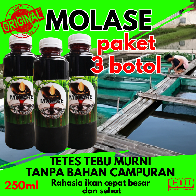PAKET 3 BOTOL MOLASE 250ml TETES TEBU MURNI CAMPURAN  PAKAN IKAN LELE NILA DLL