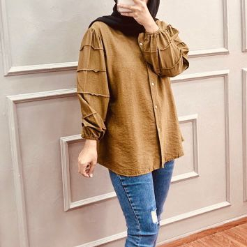 Kemeja Wanita Bahan Polo Linen Tera Blouse Atasan Wanita Full Kancing Lengan Panjang OOTD Wanita