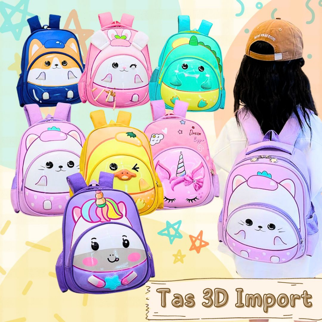 Tas Ransel Sekolah Anak PG TK PAUD Motif Karakter Hewan Timbul 3D Premium Lucu Keren Import