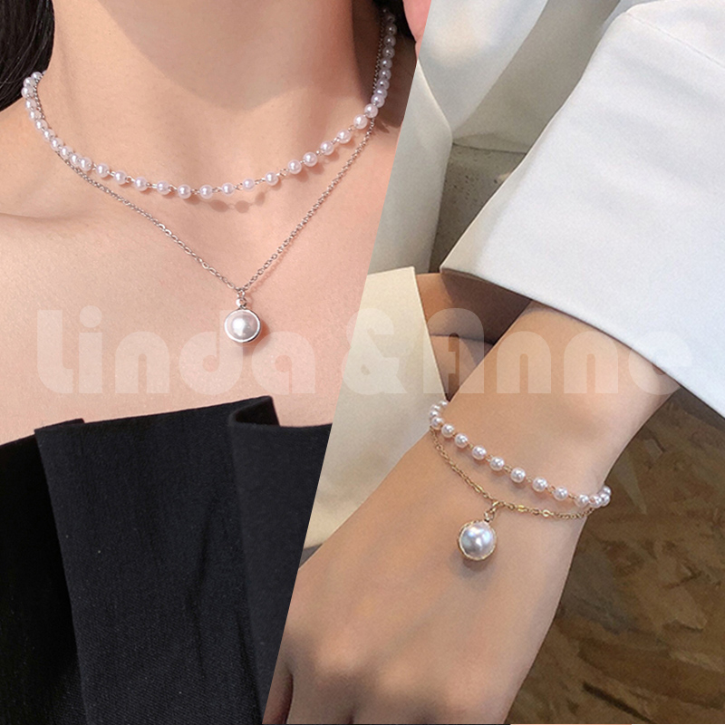 [BAYAR DI TEMPAT] Kalung Mutiara Dan Gelang Mutiara dengan Aksen Liontin Fashion Trendy Perhiasan Wanita  Import