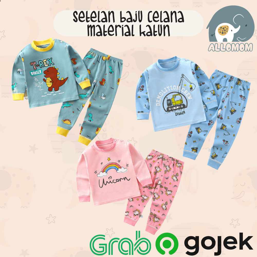 SETELAN BAJU TIDUR CELANA PANJANG ANAK / PIYAMA BAYI MATERIAL KATUN MOTIF KARAKTER LUCU LEMBUT