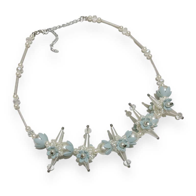 Erica Flowery Crystal Pearl Necklace Kalung Bunga Panjang Hijab Mutiara Kristal