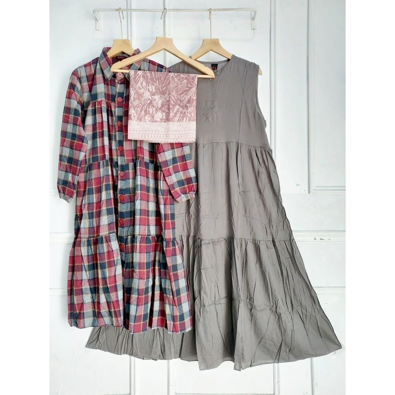 One Set Outer Cardi /Long Tunik Kotak Flanel Premium Set Inner Rayon Set Hijab Voal Motif