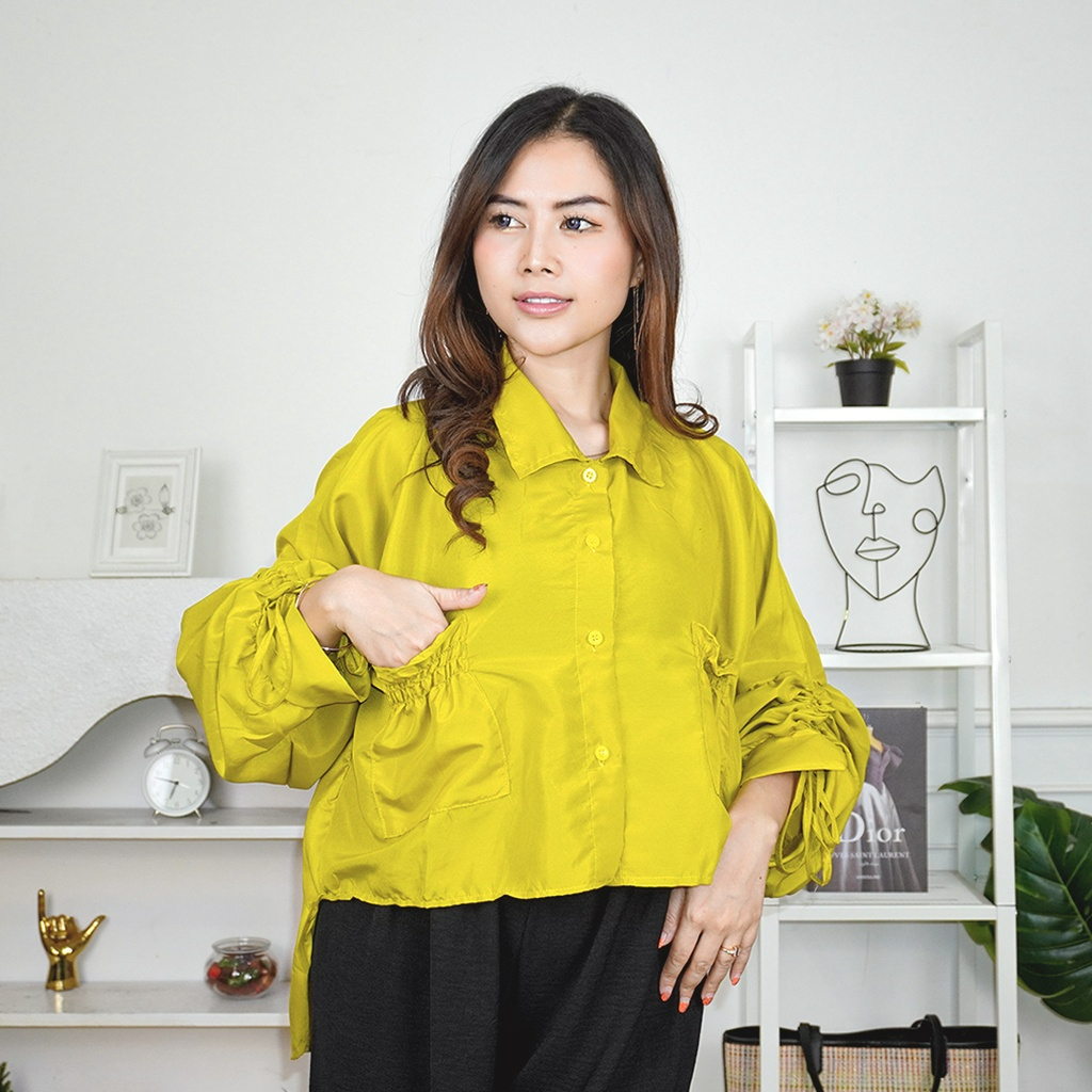 Blouse Wanita Katun Poly Lengan Panjang Kerut Saku Bw09pa