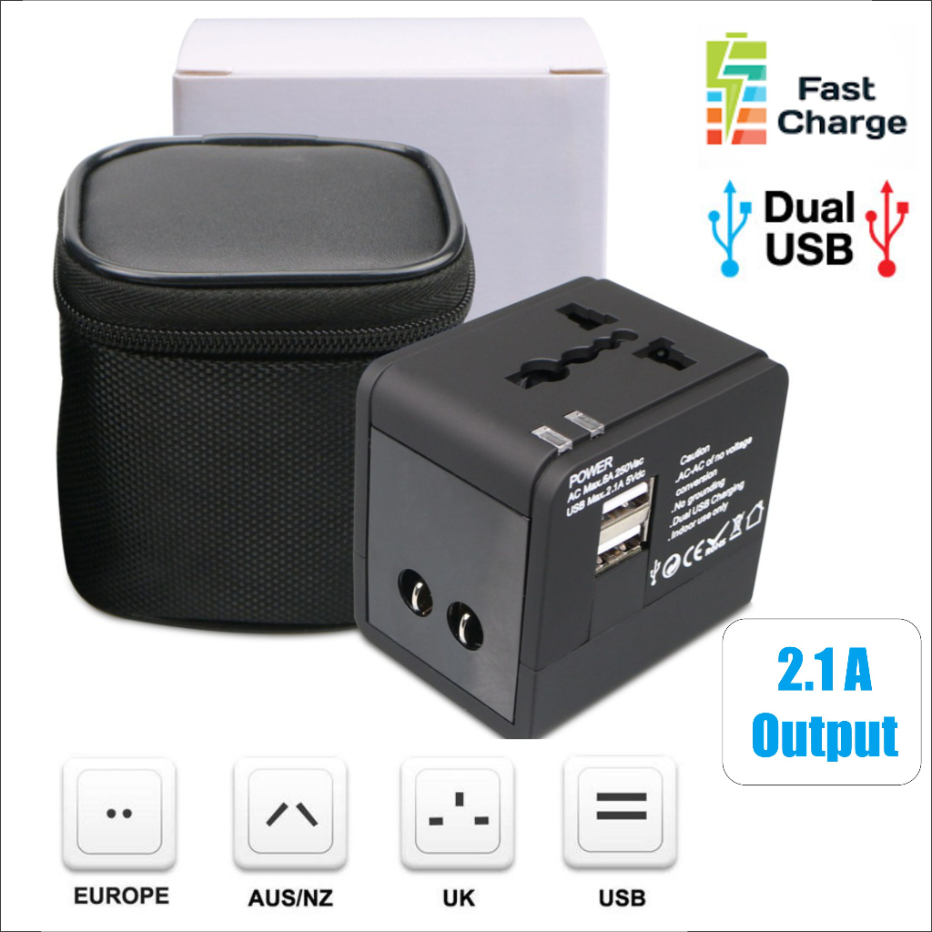 Travel Adaptor Universal Dual USB 2.1A Fast Charging Multi Converter US / UE / UK adapter with Pouch