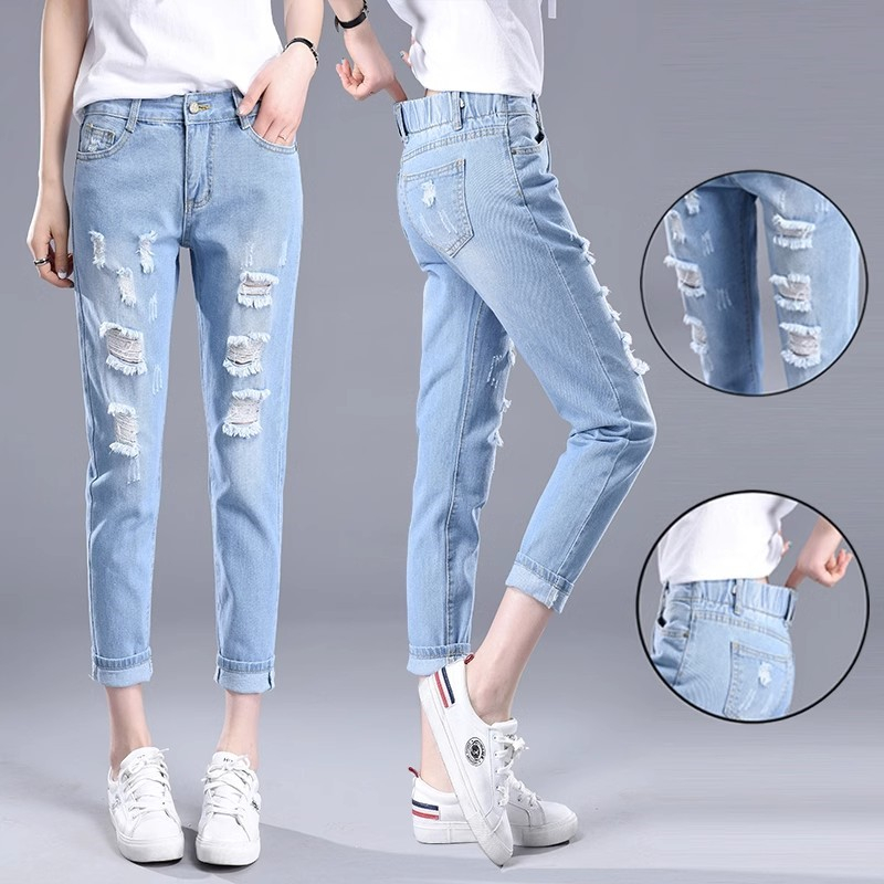 Boyfriend jeans wanita high waist jeans pangjiang 8/9 ripped denim sobek jumbo Kasual Jeans big szie terbaru 2023   Kasual Jeans