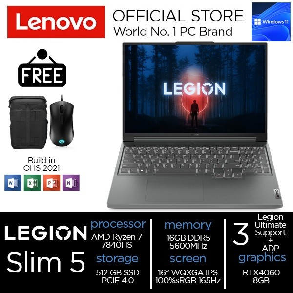 Lenovo Legion Slim 5 - Ryzen 7-7840HS - RTX4060 - 512GB - 16GB - 16&quot;WQXGA IPS 100%sRGB - W11 - OHS