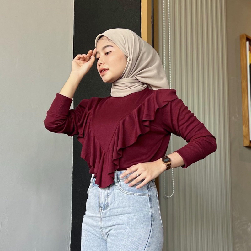 Blouse V Ruffle rib lengan panjang