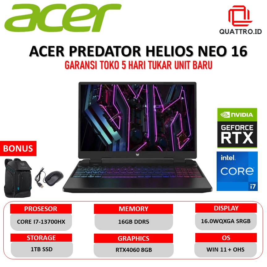 Acer PREDATOR Helios NEO 16 RTX4060 8GB/ i7 13700HX 16GB 1TBSSD 16.0 WQXGA 165Hz