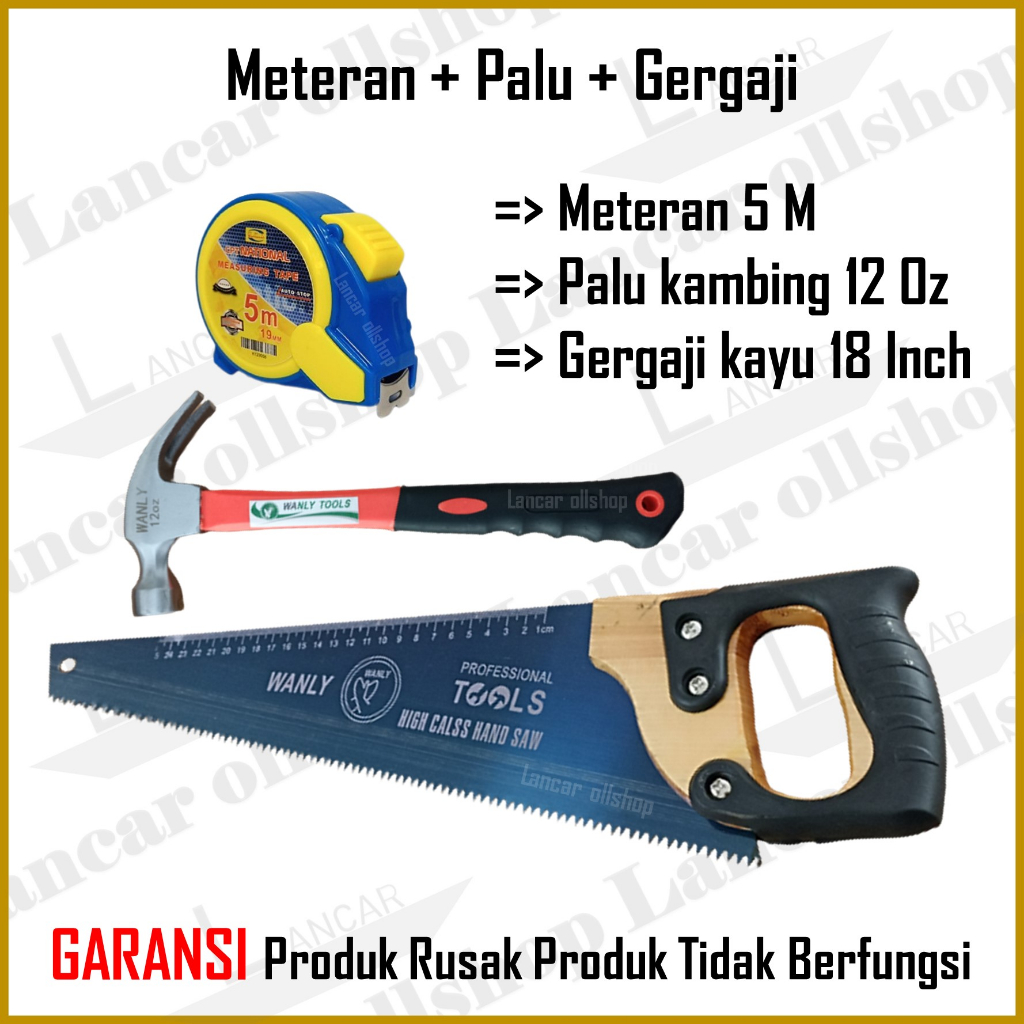 1 Paket Gergaji Gagang Kayu 18 inch / Gergaji Tangan / Gergaji Tukang Meteran Auto Stop 5 M Palu Kambing Gerigi Magnet 12 Oz