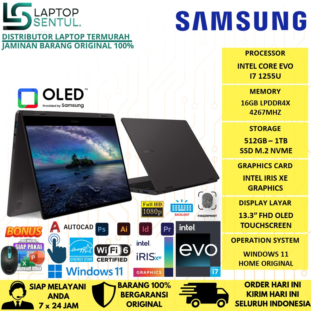 Laptop Samsung Galaxy Book 2 360 2in1 Intel EVO i7 1255U RAM 16GB SSD 1TB FHD 13.3 Touch Windows 11 Home Original