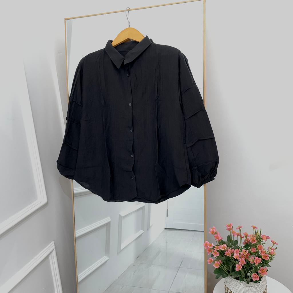 Kemeja Wanita Bahan Polo Linen Tera Blouse Atasan Wanita Full Kancing Lengan Panjang OOTD Wanita
