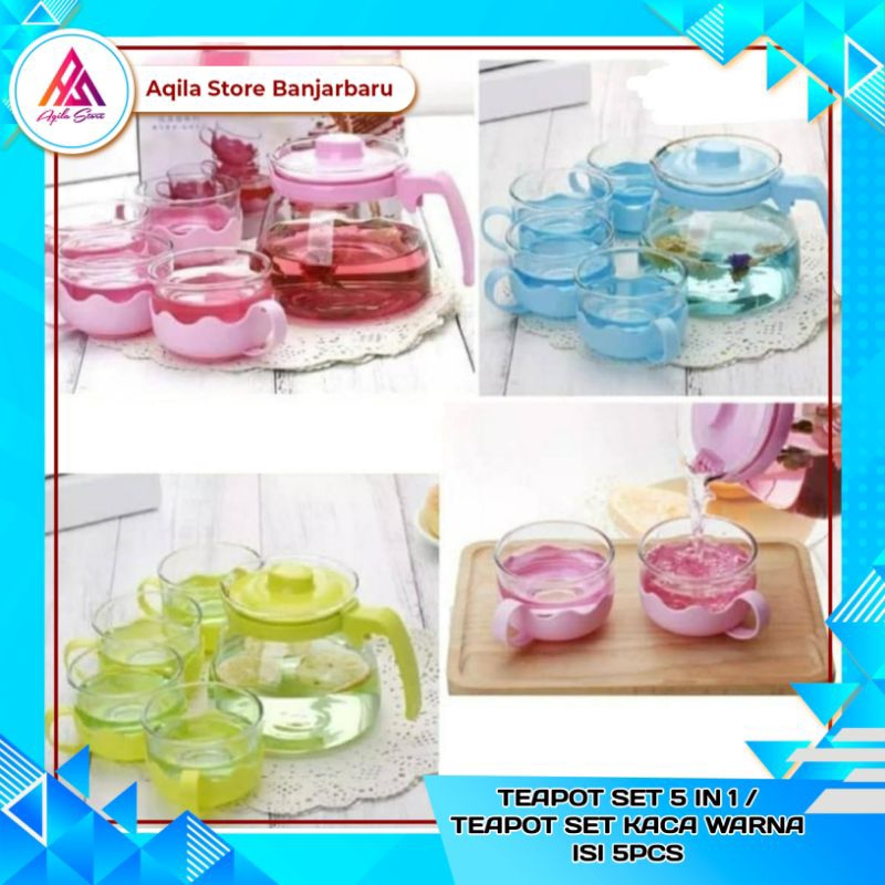 Tea Pot Set 5in1 Saringan Hitam Dengan Saringan / Teko Set Kaca Isi 5pcs Warna / Teapot Kaca Hitam